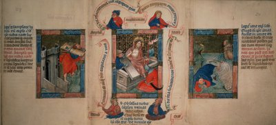 Die Auferstehung, Samson bricht die Tore von Gaza, Jona entkommt dem Wal, aus der Biblia Pauperum, frühes 15. Jahrhundert von French School