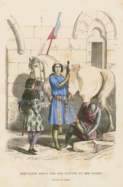 Ritter, der von seinem Knappe und Page betreut wird, spätes 12. Jahrhundert von French School