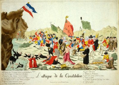 Der Angriff auf die Verfassung, veröffentlicht 1792 (handkolorierte Gravur) von French School