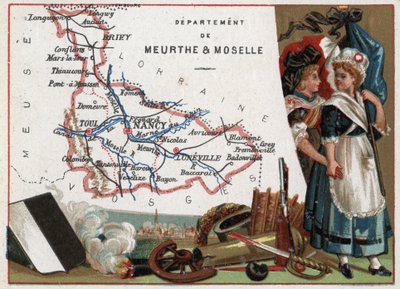 La Meurthe et Moselle (Meurthe-Et-Moselle, 54), Lothringen, Frankreich. Porträt von zwei revolutionären Frauen. Serie über die französischen Departements. Chromolithographie „der geografische Faden“, um 1920. Private Sammlung von French School