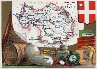 La Savoie (73), Rhone Alpes (Rhone-Alpes), Frankreich. Serie über die französischen Departements. Lokale Spezialität: Walnussöl, Wein, Getreide, Kirschwasser (Kirsch), Käse, Chambéry-Gaze und Leder. Chromolithographie „der geografische Faden“, um 1920. Pri von French School