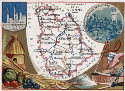 La Vienne, Poitou-Charentes, Frankreich. Samen, Chatellerault-Besteck und Strümpfe. Serie über die französischen Departements. Chromolithographie, ca. 1920. Privatsammlung. von French School