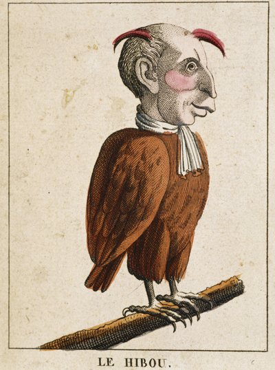 Die Eule in Karikatur, Charakterstudie „flüchtiger Charakter“ 19. Jahrhundert, populäre Bildsprache von French School