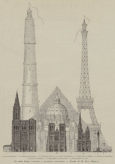 Der Eiffelturm im Vergleich zu verschiedenen Denkmälern (Gravur) von French School