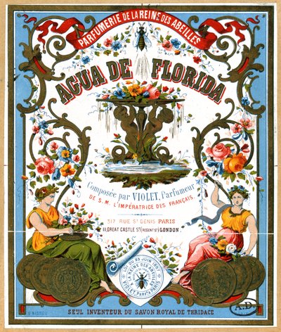 Etikett für Aqua de Florida Parfüm aus dem Parfümladen La Reine des Abeilles, Paris, 2. Hälfte des 19. Jahrhunderts von French School