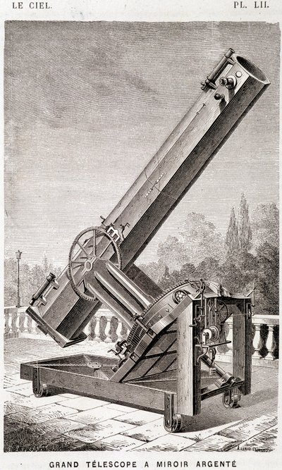 Großes silbernes Spiegelteleskop (Léon Foucault System), äquatorial montiert für das Observatorium von Marseille - in „Der Himmel“ von Amédée Guillemin, Hachette, Paris von French School