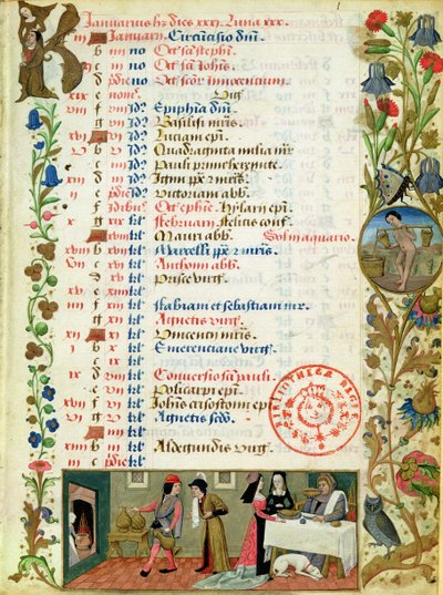 Januar; Figuren essen und trinken, von Robinet Testard, aus den Stunden von Charles von Angouleme von French School