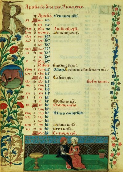 April; Zwei Liebende sitzen im Freien, von Robinet Testard, aus den Stunden von Charles von Angouleme von French School