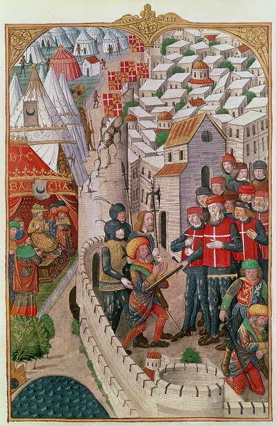Die Hinrichtung der beiden Türken, die 1480 in Rhodos eingedrungen waren und planten, den Kommandanten der Garnison zu vergiften, aus A History of the Siege of Rhodes, von Guillaume Caoursin, 1483 von French School