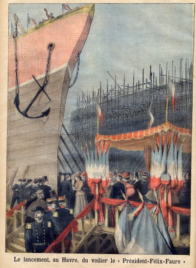 Stapellauf in Le Havre der „Präsident Felix-Faure“ Segelboot. „Le petit Journal“ von French School
