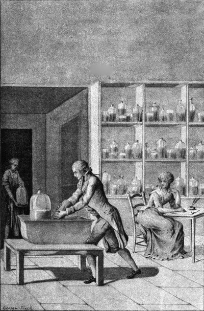 Lavoisier in seinem Labor im Arsenal, zeigt ein Experiment zur Atmung, 18. Jahrhundert von French School