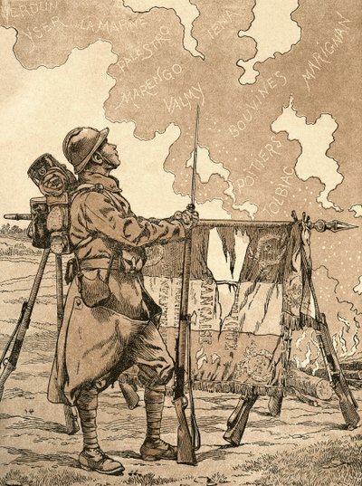 Le Bleuet. Symbol des Gedenkens und der Solidarität in Frankreich für Veteranen und Opfer des Ersten Weltkriegs. Französische Propaganda-Illustration aus dem Ersten Weltkrieg, die französische Siege durch die Jahrhunderte heraufbeschwört. Aus Agenda Buvard von French School