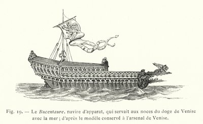 Der Bucentaure, Prunkschiff, das bei der Hochzeit des Dogen von Venedig mit dem Meer verwendet wurde; nach dem im Arsenal von Venedig aufbewahrten Modell (Stich) von French School