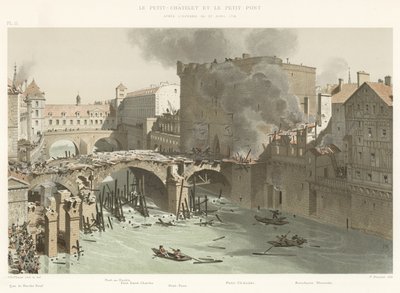Das Petit-Châtelet und die Petit-Pont, nach dem Brand vom 27. April 1718 von French School
