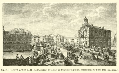 Pont-Neuf im 18. Jahrhundert, nach einem zeitgenössischen Gemälde von Raguenet, im Besitz der Bäder von Samaritaine von French School