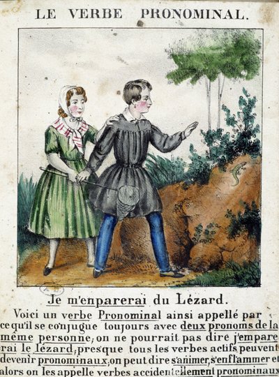 Lektion über reflexive Verben. In „La grammaire en images“, Heftalbum, um 1850 von French School