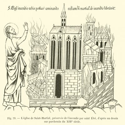 Die Kirche Saint-Martial, vom Brand verschont durch Saint Eloi, nach einer Zeichnung auf Pergament aus dem 13. Jahrhundert von French School