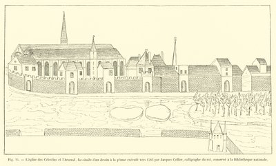 Die Kirche der Celestins und das Arsenal, Faksimile einer Federzeichnung von Jacques Cellier, Kalligraph des Königs, um 1583, aufbewahrt in der Nationalbibliothek von French School