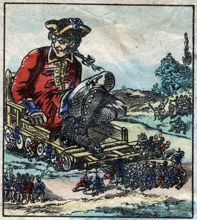 Lemuel Gulliver, ein Gefangener, wird auf einem von den Lilliputanern gezogenen Wagen transportiert. Illustration für „Gullivers Reisen“ von Jonathan Swift (1667-1745). Epinal Imaging Ende des 19. Jahrhunderts. von French School