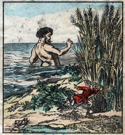 Lemuel Gulliver versteckt sich vor einem Riesen in Brobdingnag. Illustration für "Gullivers Reisen" von Jonathan Swift (1667-1745). Epinal-Bildgebung Ende des 19. Jahrhunderts. von French School