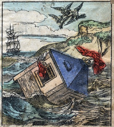 Lemuel Gulliver ist in seinem Haus im Land der Riesen von Brobdingnag. Illustration für „Gullivers Reisen“ von Jonathan Swift (1667-1745). Epinal Imaging Ende des 19. Jahrhunderts. von French School
