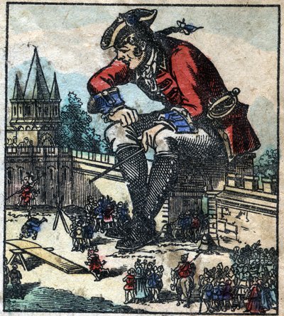 Lemuel Gulliver sitzt auf der Stadtmauer und erklärt der Lilliputanischen Armee die Strategie. Illustration für "Gullivers Reisen" von Jonathan Swift. Epinal-Bildgebung Ende des 19. Jahrhunderts. von French School