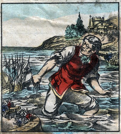 Lemuel Gulliver feuert die Schiffe der Blefuscu-Armee zum Hauptstadt-Hafen von Lilliput. Illustration für "Gullivers Reisen" von Jonathan Swift. Epinal-Bildgebung Ende des 19. Jahrhunderts. von French School