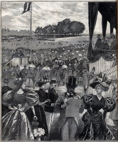 Les courses de Lyon (Rennbahnen von Lyon) - nach dem Grand Prix - Gravur in „Le Progres Illustré“ von 1895. von French School