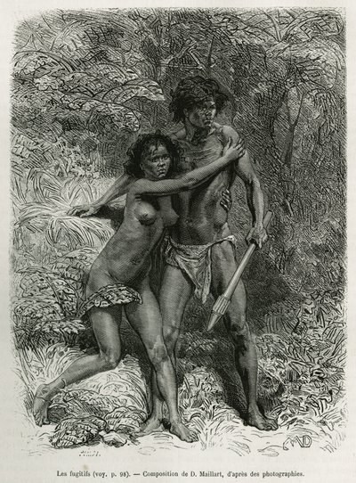 Die flüchtigen Aborigines, Gravur nach einer Zeichnung von D. Maillart, zur Illustration der Geschichte sechs Monate in Australien, von Désiré Charnay, einer Mission des Ministeriums für öffentliche Bildung, 1878, veröffentlicht in der Tour du monde, unter von French School