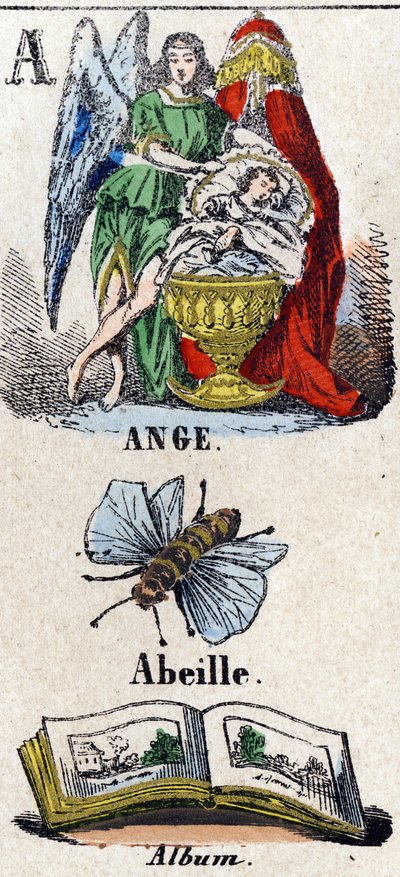 Buchstabe A wie Engel, Biene und Album. Ein Schutzengel neben einem Kind, das in einer Wiege schläft. Kleines enzyklopädisches Alphabet. Epinaler Bildgebung, um 1860. Holzschnitt, schabloniert mit Vergoldung. Privatbesitz von French School