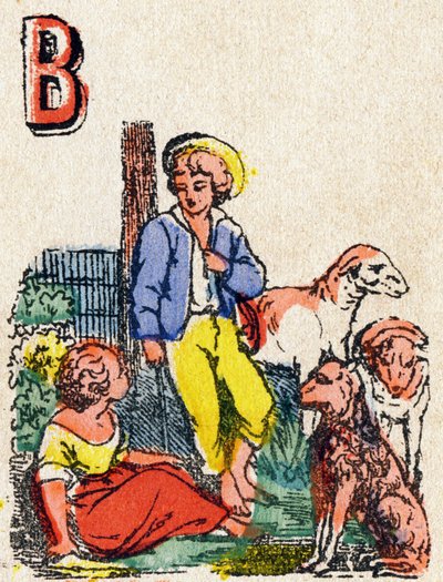 Buchstabe B Schäfer. Gravur in "Alphabet des jeux" von French School