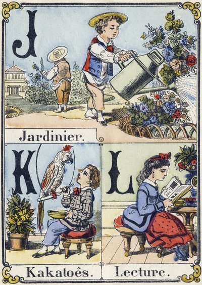 Buchstaben J, K und L: Gärtner, Kakadus und Lesen. Unterhaltsames Alphabet. Epinaler Bildgebung. Schablonierte Holzschnitte, um 1880. Kleines Heft mit 16 Seiten von French School