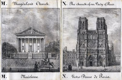 Buchstabe M Madeleine und N Notre-Dame de Paris (Notre Dame de Paris) - „Alphabet Picturesque des Monumens de Paris“ um 1840 (Gravur) von French School