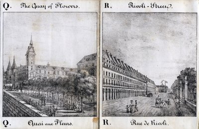 Buchstabe Q und A: Der Blumendock und die Rue de Rivoli - „Alphabet Picturesque des Monumens de Paris“ ca. 1840 (Gravur) von French School