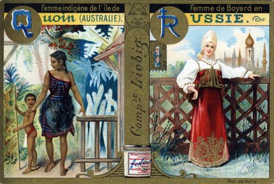 Buchstabe Q als indigene Frau von Quoin Island und R als Bojarenfrau in Russland. Frauenalphabet. Serie von 12 Bildern. Liebig-Werbung von French School
