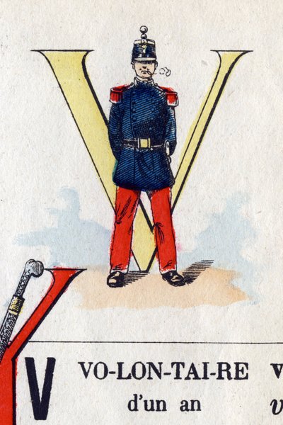 Buchstabe V wie Freiwilliger. Militäralphabet von French School