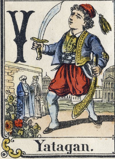 Buchstabe Y: Yatagan. Unterhaltsames Alphabet. Epinaler Bildgebung. Schablonierte Holzschnitte, um 1880. Kleines Heft mit 16 Seiten von French School