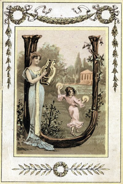 Brief, der eine Mutter, die Lyra spielt, und ihre Tochter, die mit einer Pauke tanzt, darstellt, späte 19. Jahrhundert (Chromolithographie) von French School