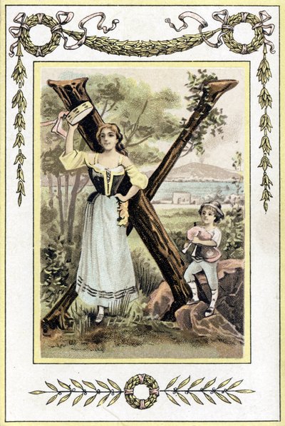 Brief, der eine Mutter mit einer Pauke und ihren Sohn als Hirten mit einer Sackpfeife darstellt, späte 19. Jahrhundert (Chromolithographie) von French School