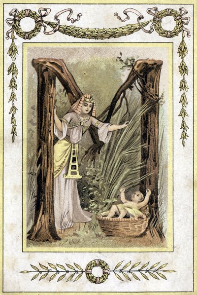 Brief, der eine ägyptische Mutter darstellt, die ein verlassenes Kind findet (Moses rettet Wasser), späte 19. Jahrhundert (Chromolithographie) von French School