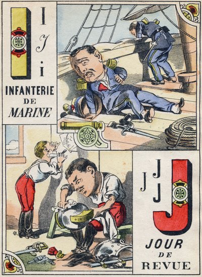 Buchstaben I und J: Marineinfanterie und Inspektionstag. Gravur im „Komischen Militäralphabet“. Fünfte Serie. Epinaler Bildgebung. Pellerin und Cie, Drucker, Epinal, Ende des 19. Jahrhunderts. 16 Seiten von French School