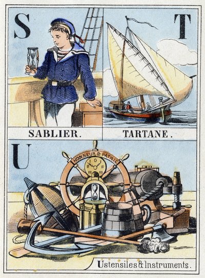 Buchstaben S wie Sanduhr, T wie Tartane, U wie Utensilien und Instrumente. Marine-Abecedarium mit 16 Seiten, das ein Alphabet in Großbuchstaben enthält. Epinal-Bild, Ende des 19. Jahrhunderts. Schablonierte Holzschnitte Dim: 21x14,5cm von French School