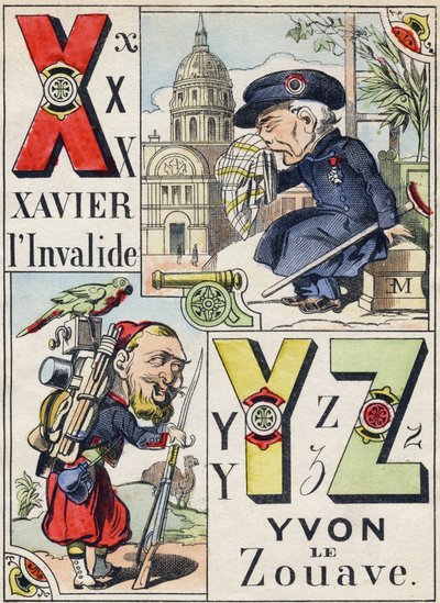 Buchstaben X Y Z: Xavier der Invalide und Yvon der Zuave. Gravur im „Komischen Militäralphabet“. Fünfte Serie. Epinaler Bildgebung. Pellerin & Cie, Drucker, Epinal, Ende des 19. Jahrhunderts. 16 Seiten von French School