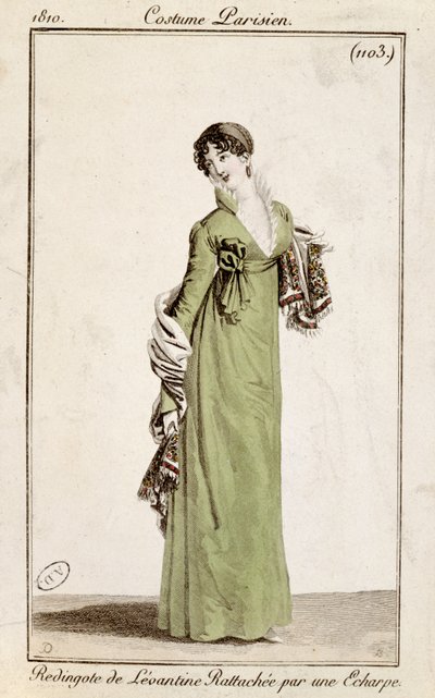 Levantiner Frack, befestigt mit einem Schal, Modeplatte aus Costume Parisien, 1810 von French School