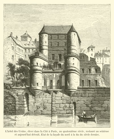 Das Ursins-Hotel, errichtet in der Stadt Paris im 14. Jahrhundert, restauriert im 16. Jahrhundert und heute zerstört, Zustand der Nordfassade Ende des letzten Jahrhunderts von French School