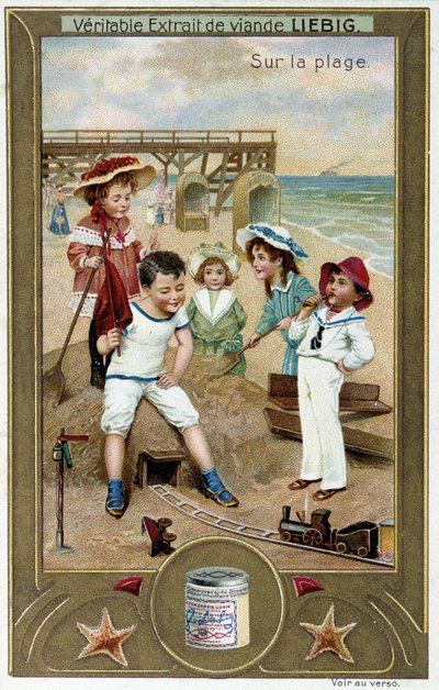 Liebig Chromolithografie Serie „Strandspiel“ von Kindern. 19. Jahrhundert von French School