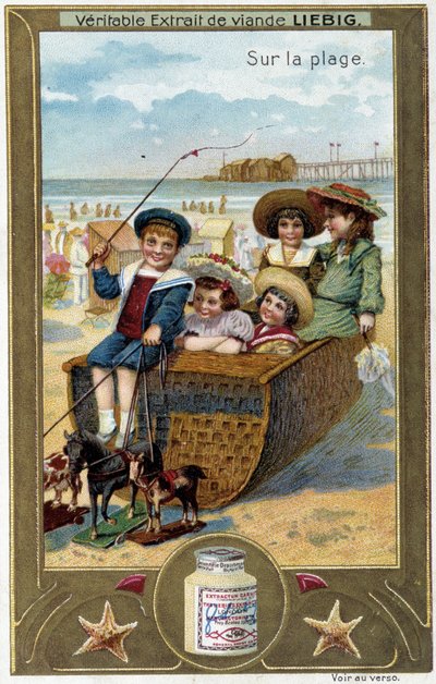 Liebig-Chromolithografie-Serie „Strandspiel“ von Kindern. 19. Jahrhundert von French School