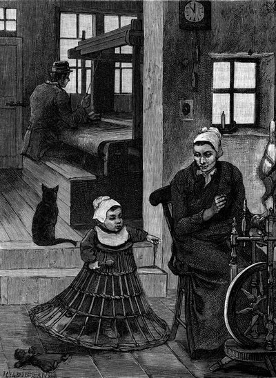 Leinen: Weberinterieur mit Weber und Spinnrad. Gravur in „Le Journal de la jeunesse“ von French School
