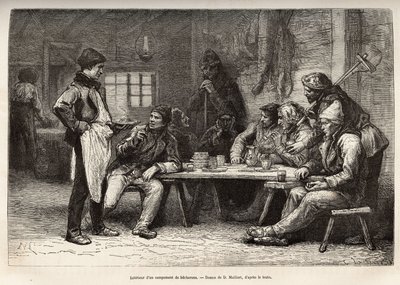 Das Innere eines Holzfällercamps in Ontario, Gravur nach einer Zeichnung von D. Maillard, die den Ausflug nach Kanada und zur Riviere Rouge du nord, von H. De Lamotte, 1873, illustriert, veröffentlicht in „Le tour du monde“ 1875, herausgegeben von Edouard  von French School