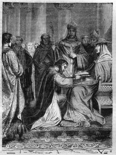Lothar I. (795-855) zu Füßen von Papst Adrian II. (792-872). Gravur in „Histoire des Papes-Rois-Reines und Kaiser durch die Jahrhunderte“ von Maurice Lachatre von French School